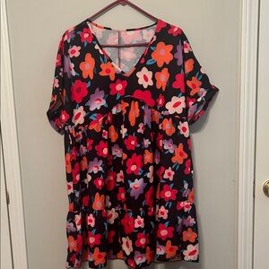 SHEIN Multicolor Floral V-Neck Ruffle Hem Smock Dress